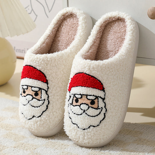 Christmas Santa Claus Cotton Slippers – Warm Furry Shoes for Couples